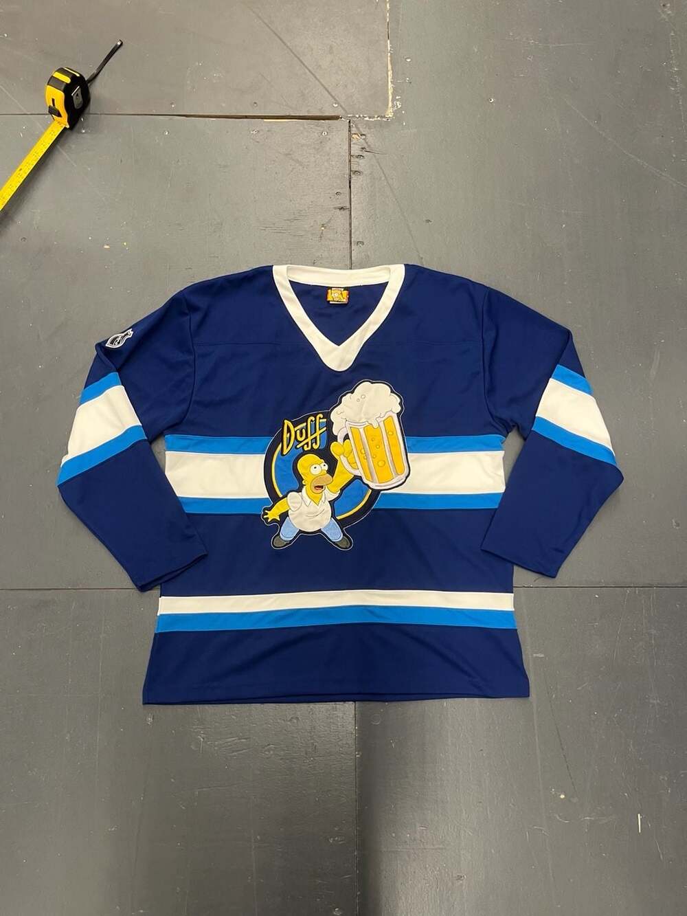 The Simpsons Homer Duff Beer Hockey Jersey Blue V-Neck Size S/M